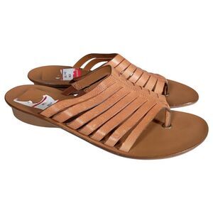 Paul Green Tan Leather Strappy Thong Sandal Low Wedge Womens 7.5